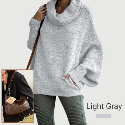 Dámsky sveter s kapucňovým výstrihom v tvare netopiera a vreckami