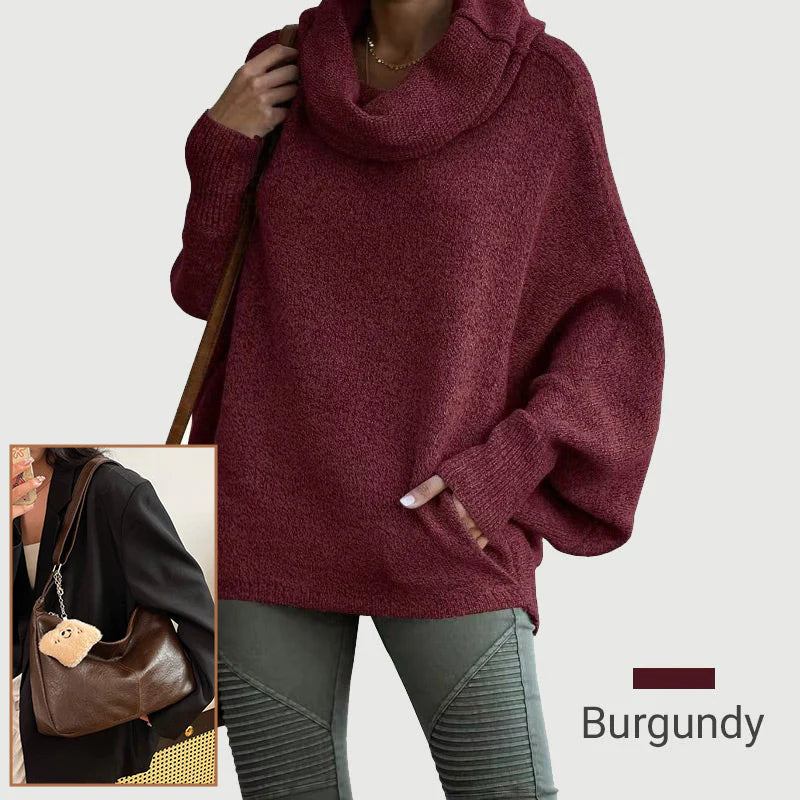 Dámsky sveter s kapucňovým výstrihom v tvare netopiera a vreckami